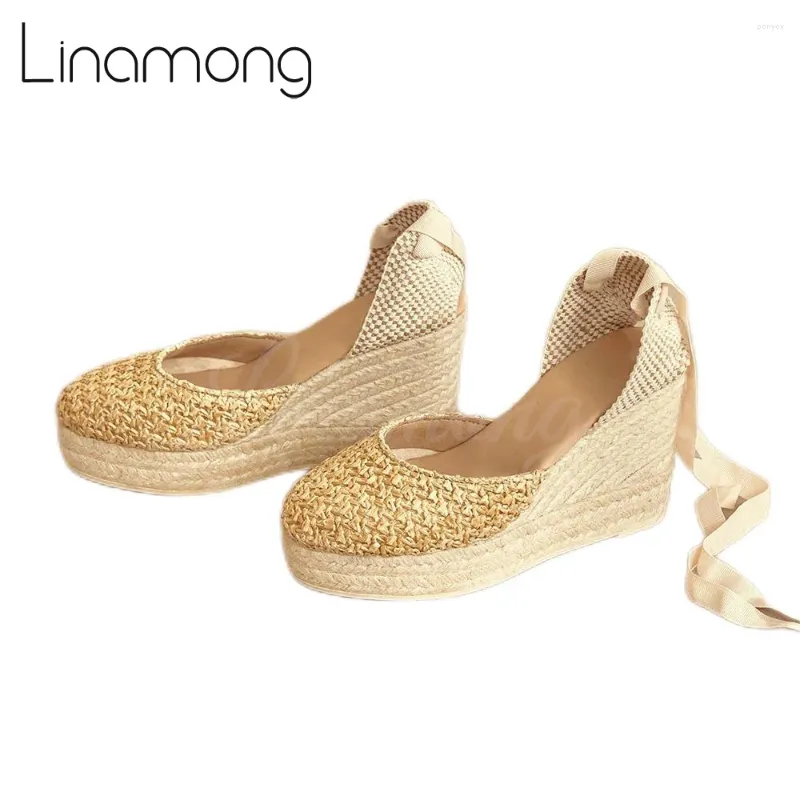 Sandalen Raffia-patroon Wedge Espadrilles Enkelbandje Lint Veelkleurig Ronde neus Platform Designer Style Zomerschoenen voor dames