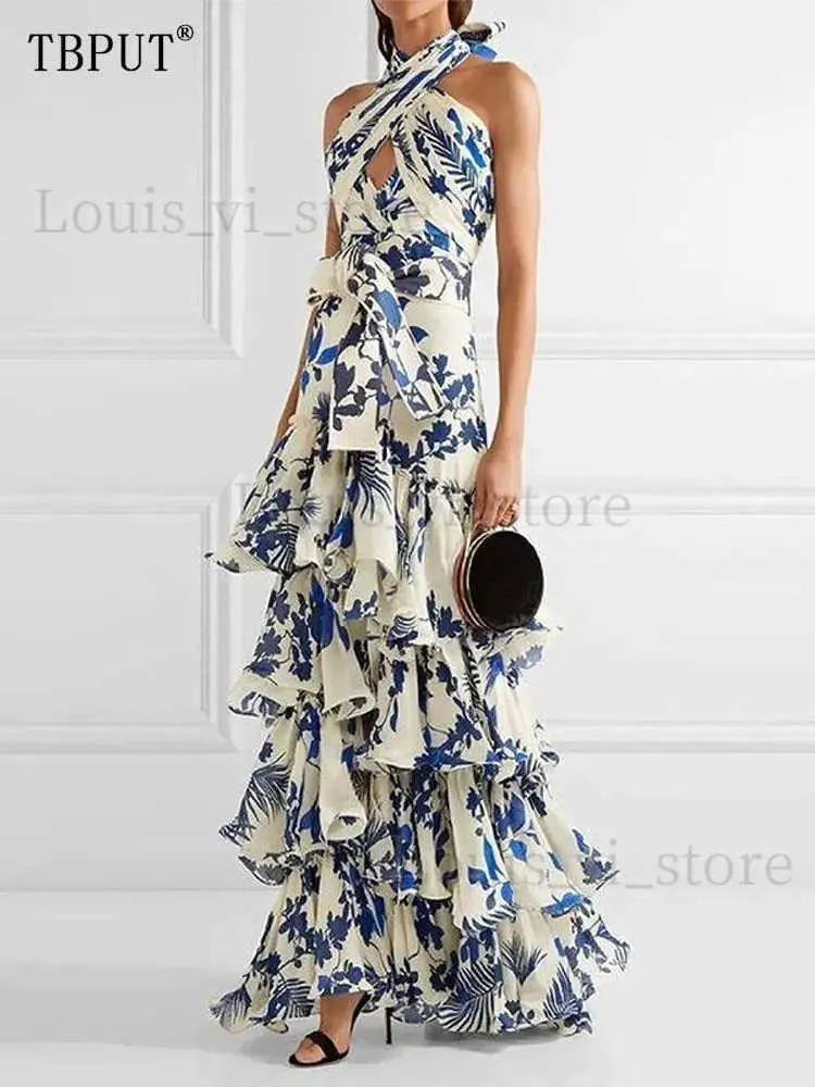 Basic Casual Dresses Elegant Womens Printed Vestidos Sleeveless Neck-mounted Female Formal Wear Aesthetic Layered Ruffled Hem Evening Party Dresses T240227