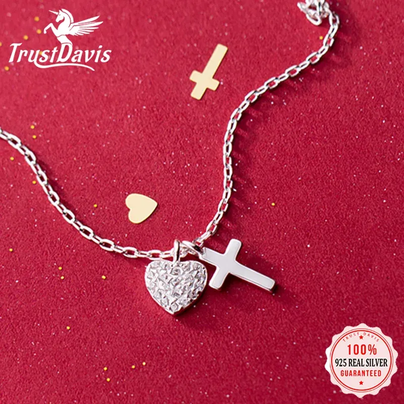 Halsband Trustdavis Real 925 Sterling Silver Fashion Heart Cross CZ Pendant Short ClaVicle Necklace For Women Wedding Fine Jewelry DA16