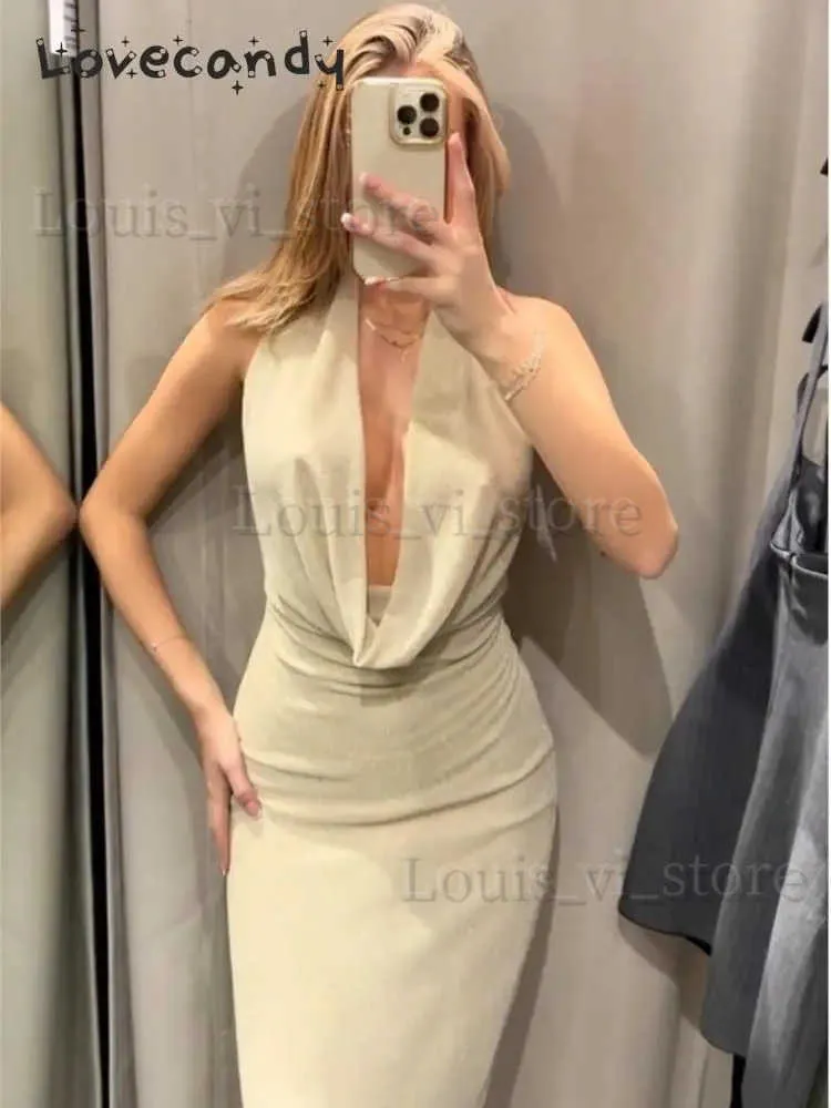 Basic Casual Dresses Elegant Metallic Knit Maxi Dress Women Sexy Plunging Halter Backless Slim Dresses 2023 Fashion Sleeveless Evening Party Vestidos T240227