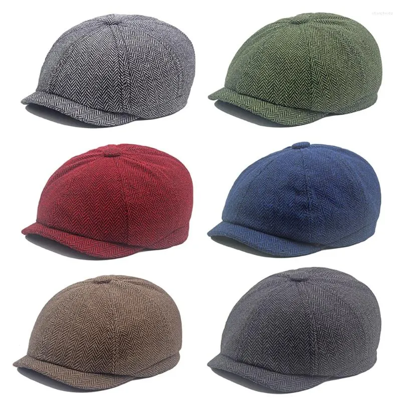 Berets Wool Tweed Navy Blue Herringbone Sboy Cap Men 8-Quarter Panel Cabbie Flat Caps Women Driver Beret Hat Lining