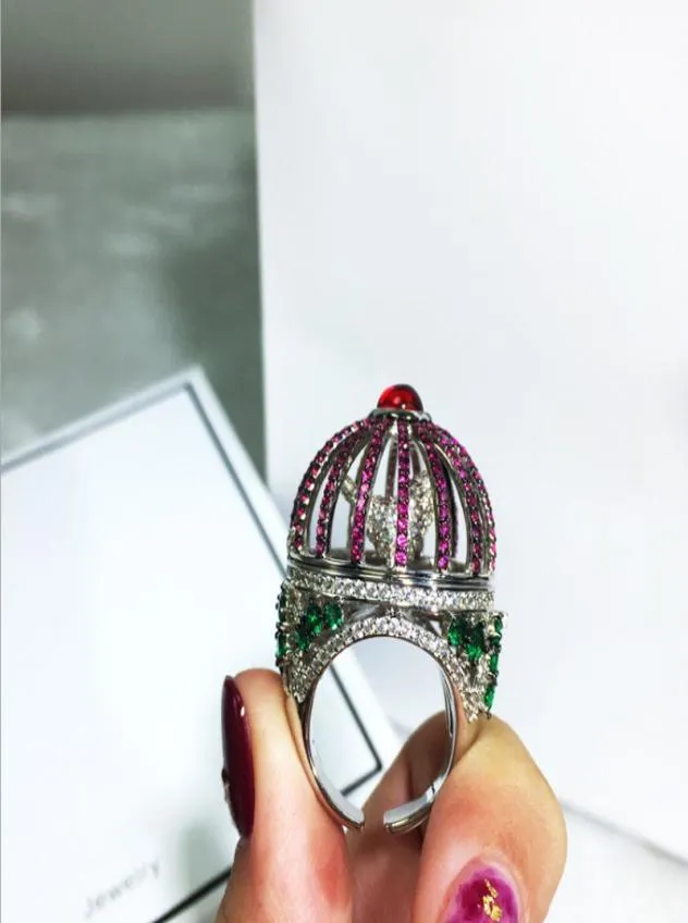 Big European and American Jewelry Personality Creativity Dream Bird Cage Round House Ring Drill Colored Zircon Open Tail Ring2232186