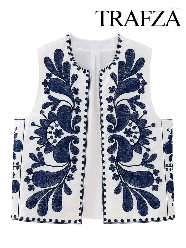 Women's Vests TRAFZA Fashion Chic Loose Outerwear Vsets Woman Floral Embroidered Vest Top Summer Casual Vintage Y2k Cardigan Waistcoat