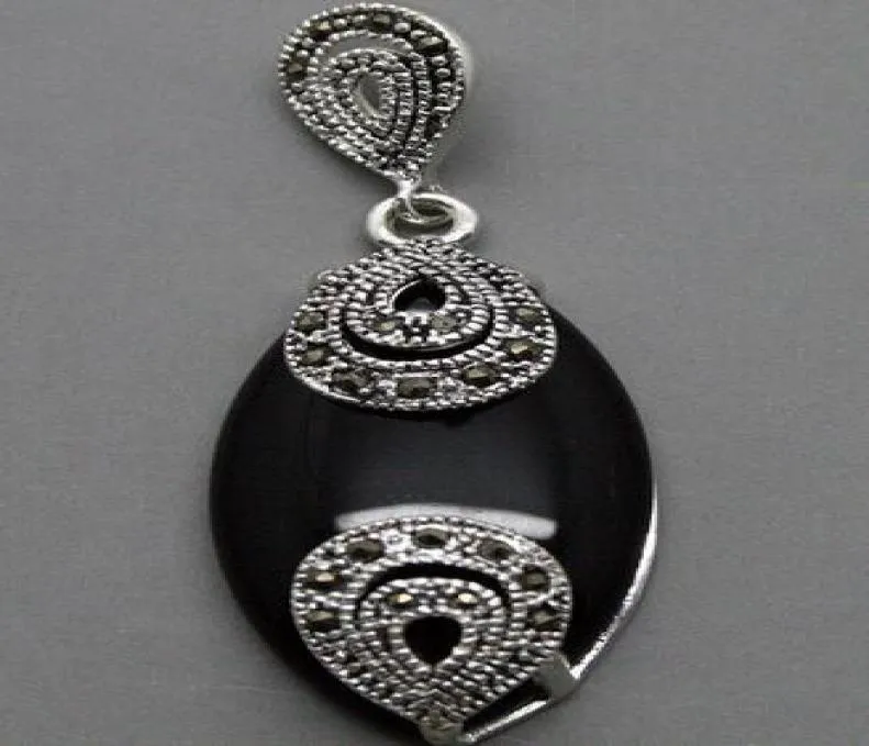 Vintage 18mmx40mm Marcasite Black Agates 925 Sterling Silver Drop Pendant7007382