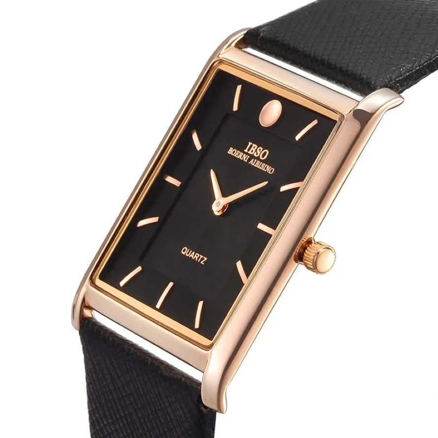 IBSO 7mm超薄型長方形ダイヤルQuartz腕時計黒い本物の革ストラップウォッチメンクラシックビジネス新しい男性時計2019 Y306L