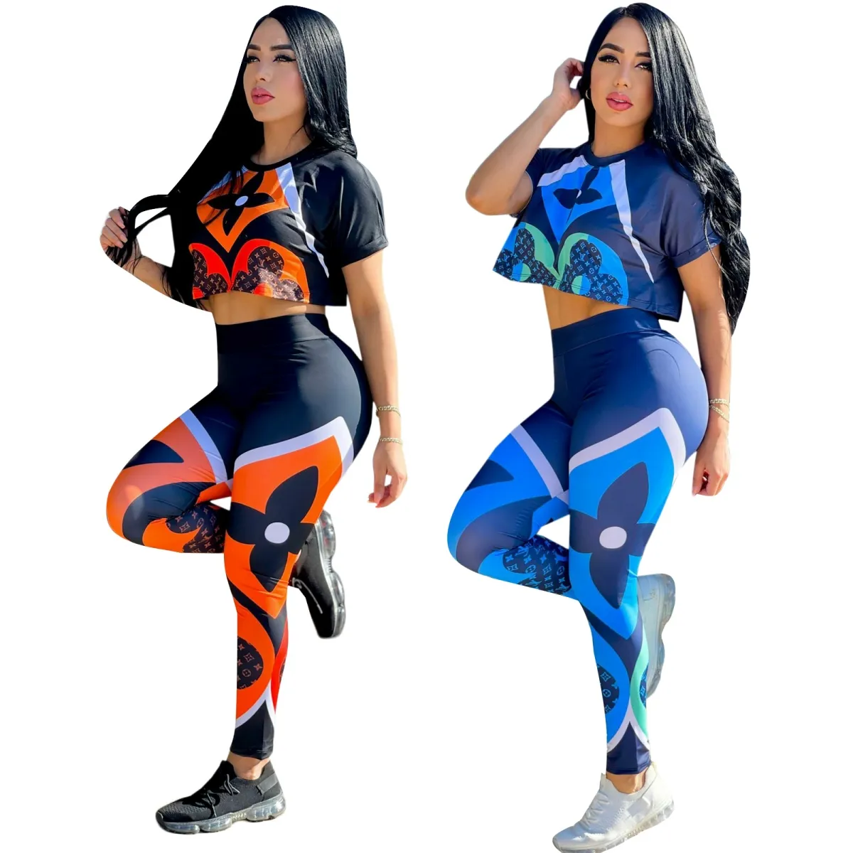 2024 moda duas peças calças femininas casual impressão colheita superior e leggings definir roupas navio livre