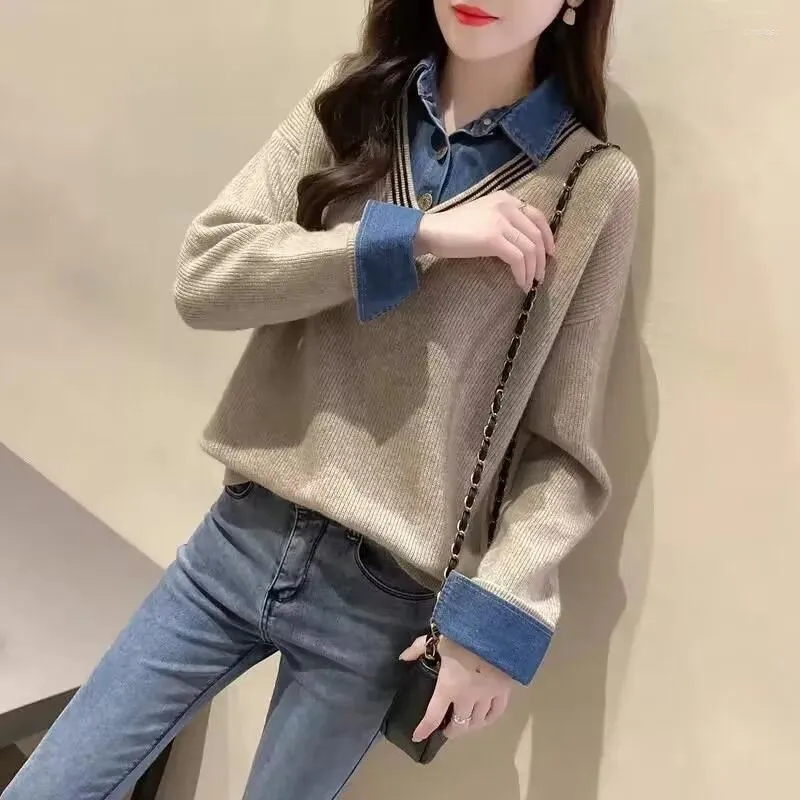 Women's Sweaters Women Denim Shirt Patchwork Knitted 2024 Fashion Long Sleeve Spring Autumn Knitwear Sweater Female Casual Hoodie