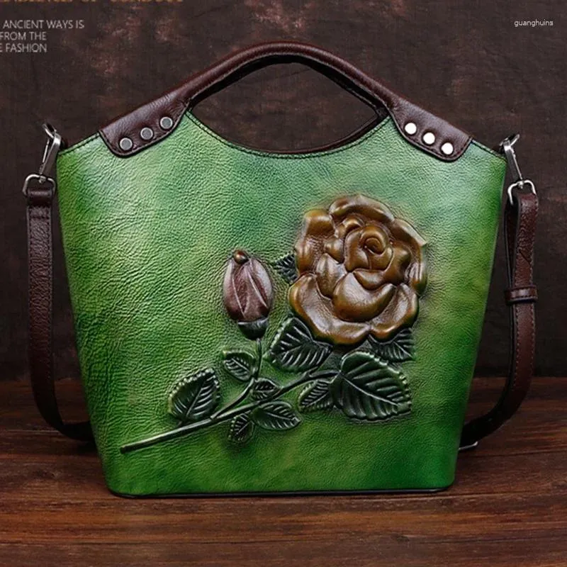 Borse da sera Borsa a tracolla femminile floreale vintage in vera pelle Borsa da donna in rilievo retrò in pelle di vacchetta per il tempo libero