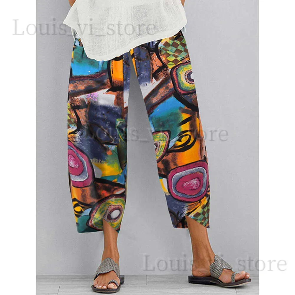 Pantalons pour femmes Capris femmes Boho imprimé coton lin sarouel dames décontracté été Baggy pantalon grande taille T240227