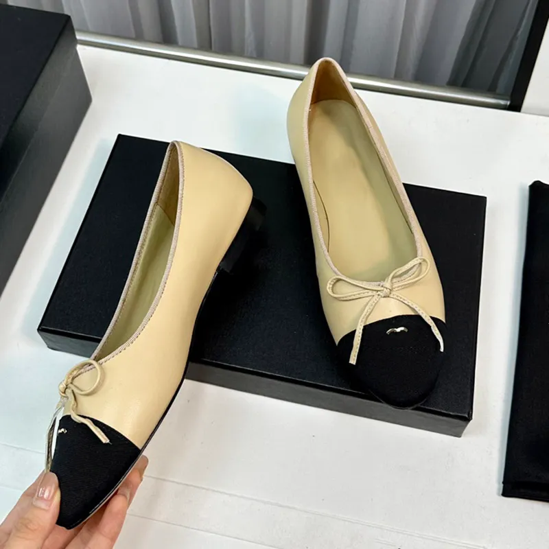 Womens Dress Shoes Designer Slip On Loafers Falt Heels Ballet Shoe With Bowtie Classic Cowhide Silk Materials Slides Elegant Casual Shoe Black White Khaki Soft Mules