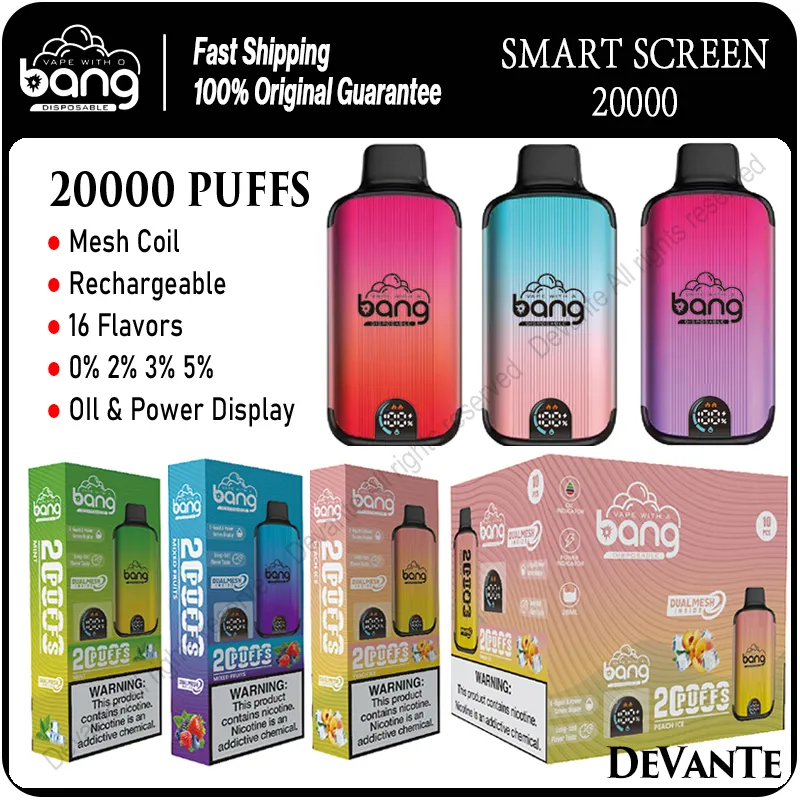 Authentique Bang Smart Screen Puff 20000 Kit de boîte de vapes jetables à double bobine de maille 20K Puffs Cigarettes électroniques Batterie rechargeable Vaper 0% 2% 3% 5% 16 saveurs