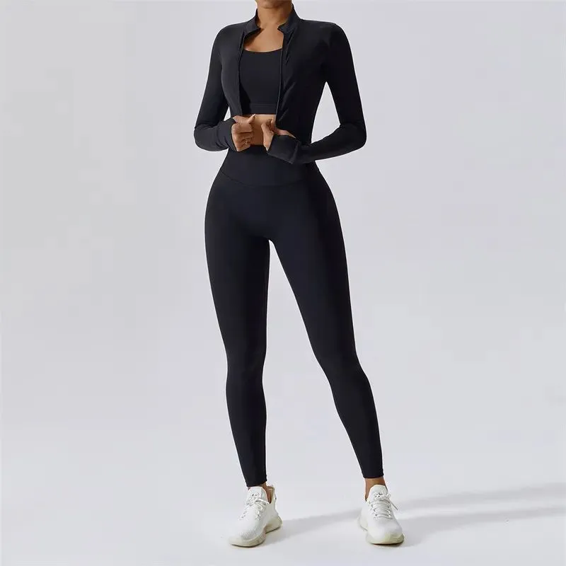 LL Womens Yoga Outfit Three Pieces Suits Vest+Pants+Jackets Exercise Close-Fitting Fitness Wear Running Elastic Workout Sportswear High Waist Trouser Tops