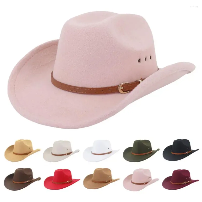 Bérets Western Cowboy Hat pour hommes à large bord ourlet ceinture en simili cuir décor Jazz Cowgirl Fedora
