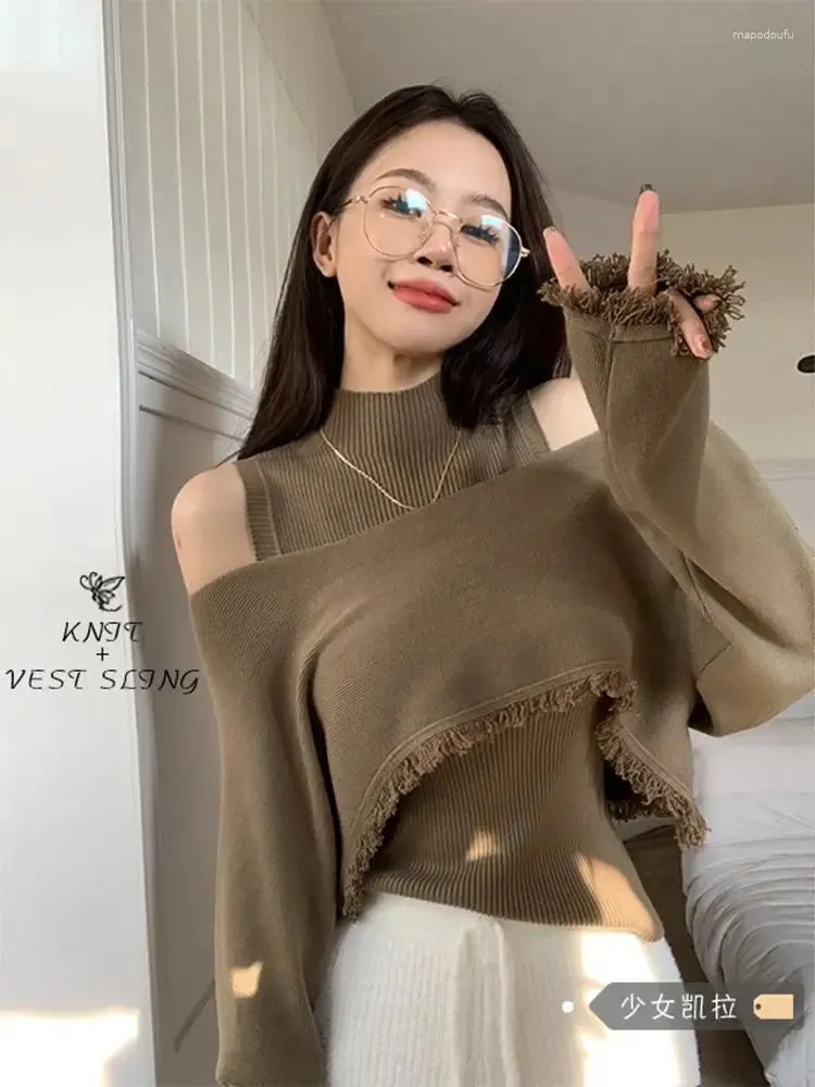 Kobiety T-koszulki Dziewczyna Sweter Spring Knitted Top High-end Temperament Dwuczęściowy set na jednym ramię seksowne harajuku kawaii