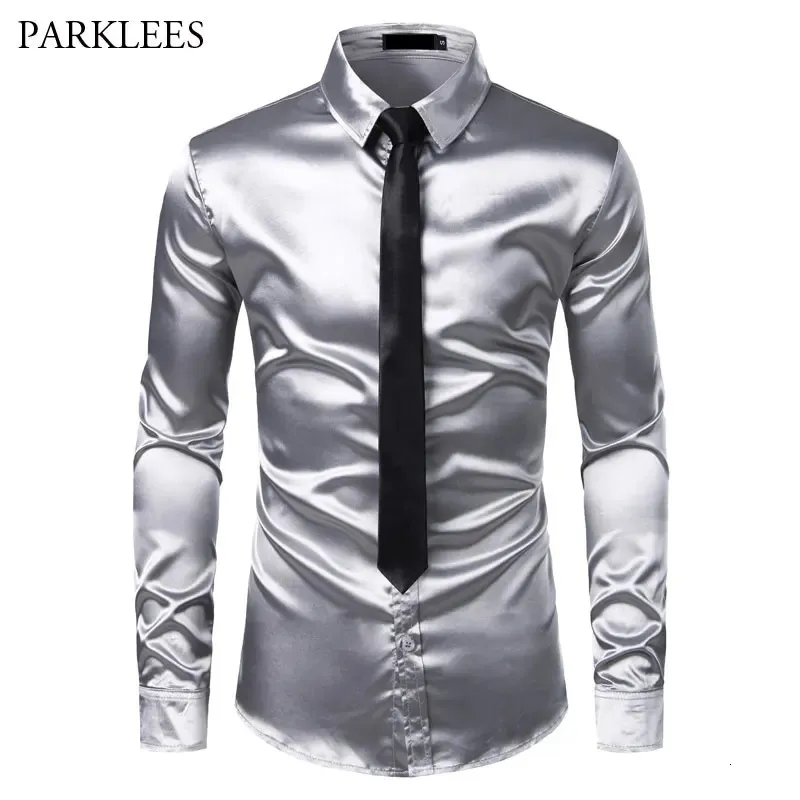 Silver Silk ShirtTie Set Mens Satin Smooth Tuxedo Shirts Casual Button Down Men Dress Wedding Party Prom Chemise Homme 240223