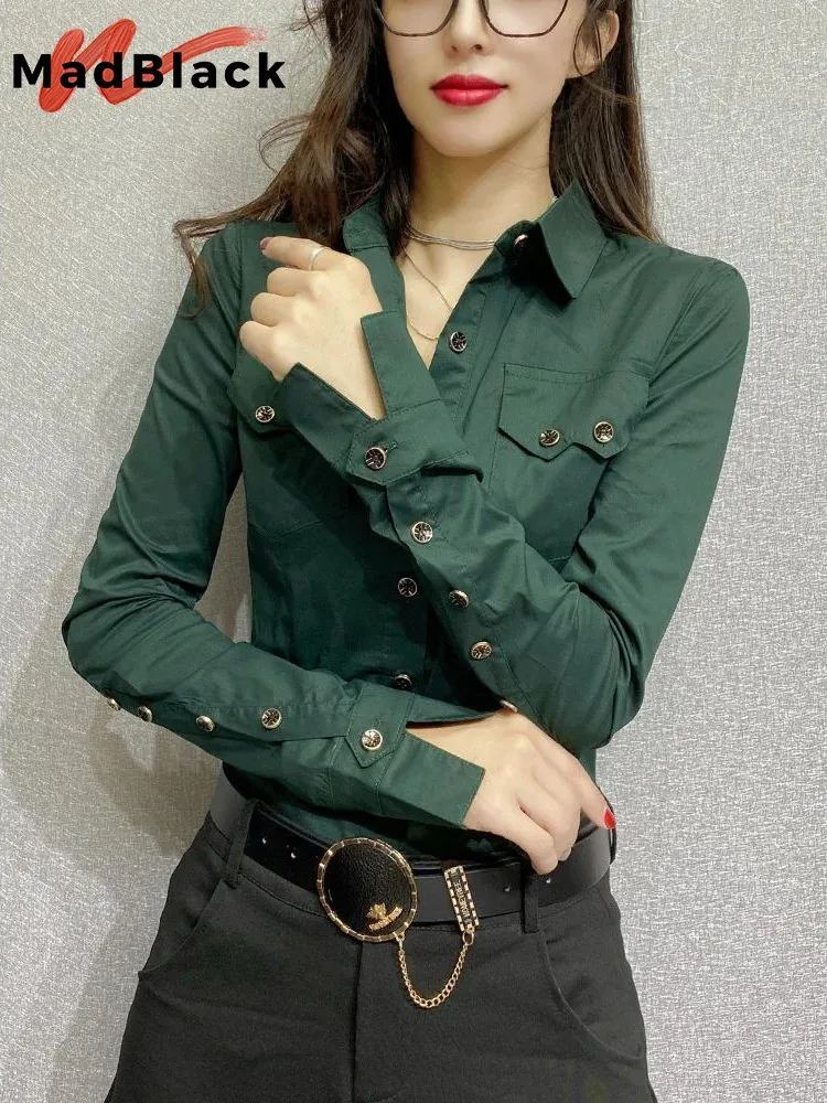 MadBlack Spring Womens Long Sleeve Green Shirts Autumn Office Lady Pocket Blouses Women Button Up Tops T33111Z 240227