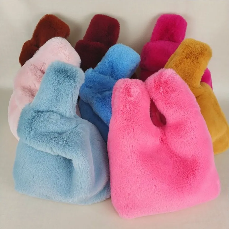 Estelle Wang Casual Tote Faux Fur Top-handle Bags Fashion Women Winter Soft Pocke Samll Handbag Warm Clutch Candy Color Bag Q1106212S