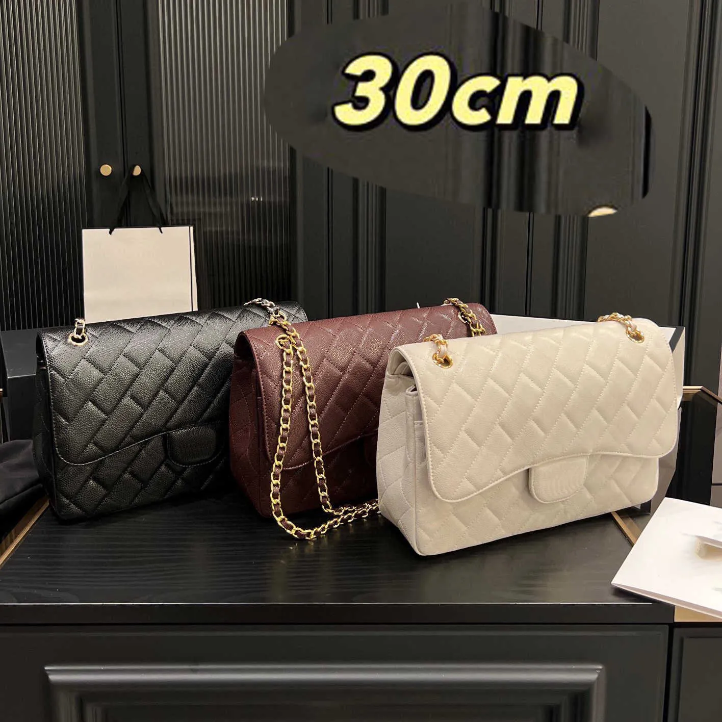 Designer saco espelho qualidade jum-bo-bags duplo saco de aba luxo 30cm real couro caviar lambskin clássico bolsa acolchoada bolsa 240215