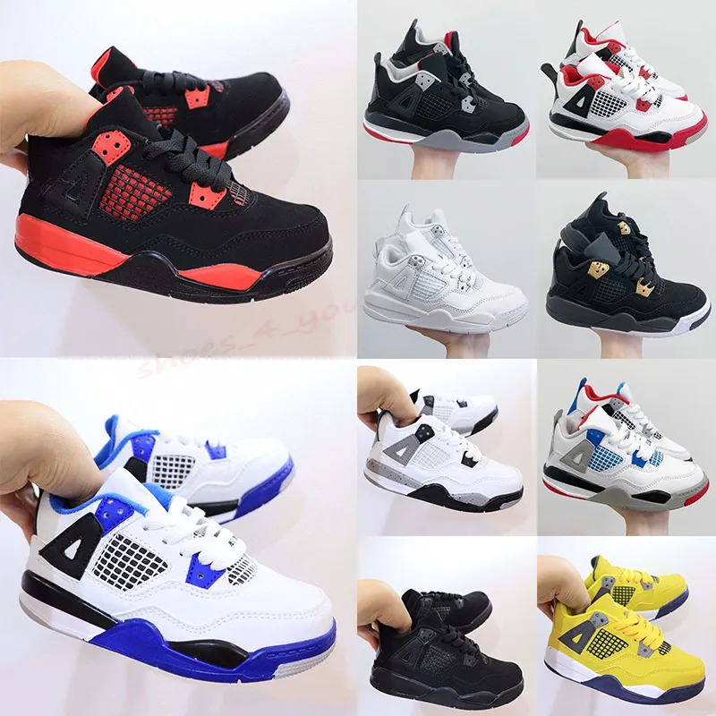 Black Cat Thunder Jordab 4s Kids Shoes Jumpman 4 Kid Basquete Sapatilhas Fogo Vermelho Universidade Azul Branco Oreo Motorsports Puro Dinheiro Meninos Meninas Treinadores Esportes Dhgate