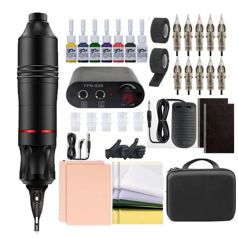 Guns Complete Tattoo Pen Kit for Beginner with Tattoo Power Supply 7 color Ink Tattoo Machine Foot Pedal Set 10pcs Needle Accessories