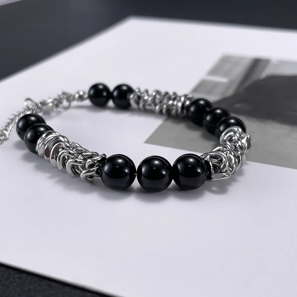 Chaîne à maillons en acier inoxydable avec boule d'agate noire, Bracelet perlé, bijoux Hip Hop simples pour femmes et hommes, 8.66 pouces, n1494