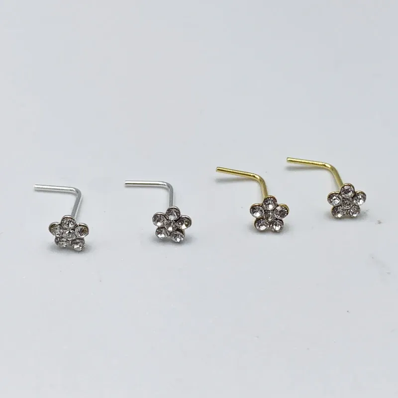 Bijoux 30 pcs/lot 925 en argent Sterling Nez Stud fleur cristal clair L forme nez goujons Piercing bijoux