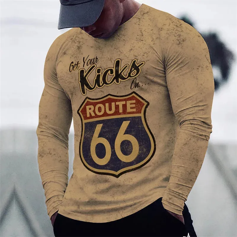 Mens Tshirts Long Sleeve 3D Print Top Casual Cotton Vintage T Shirt Route 66 Tee Loose Sports Oneck Clothing 5xl 240219