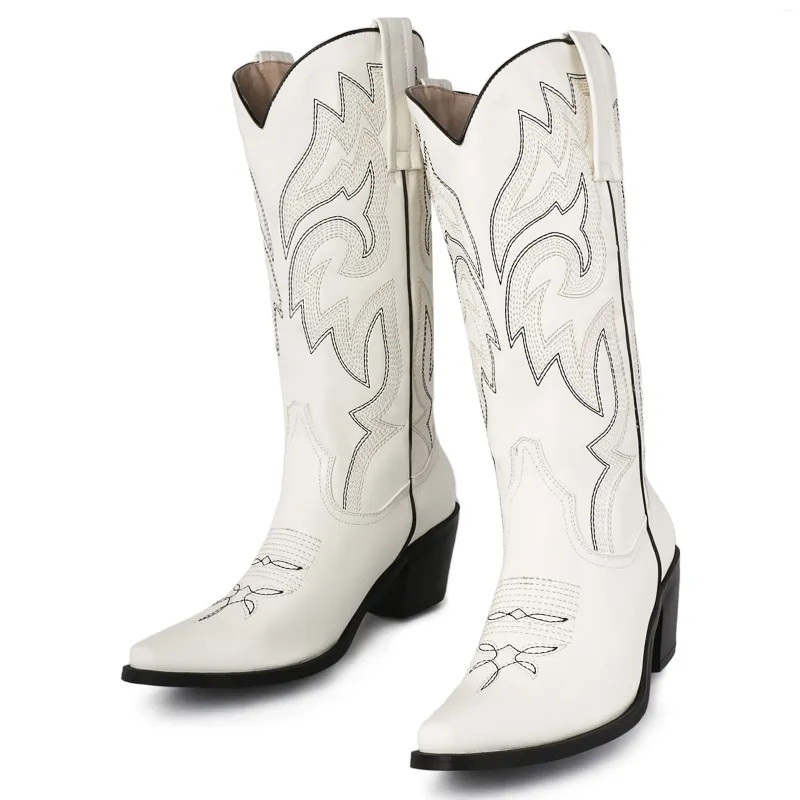 Laarzen Ippeum Geborduurde Cowboy Voor Dames Trend 2024 Witte Western Cowgirl Halfhoge Kuit Zilver Chunky Hak Schoenen