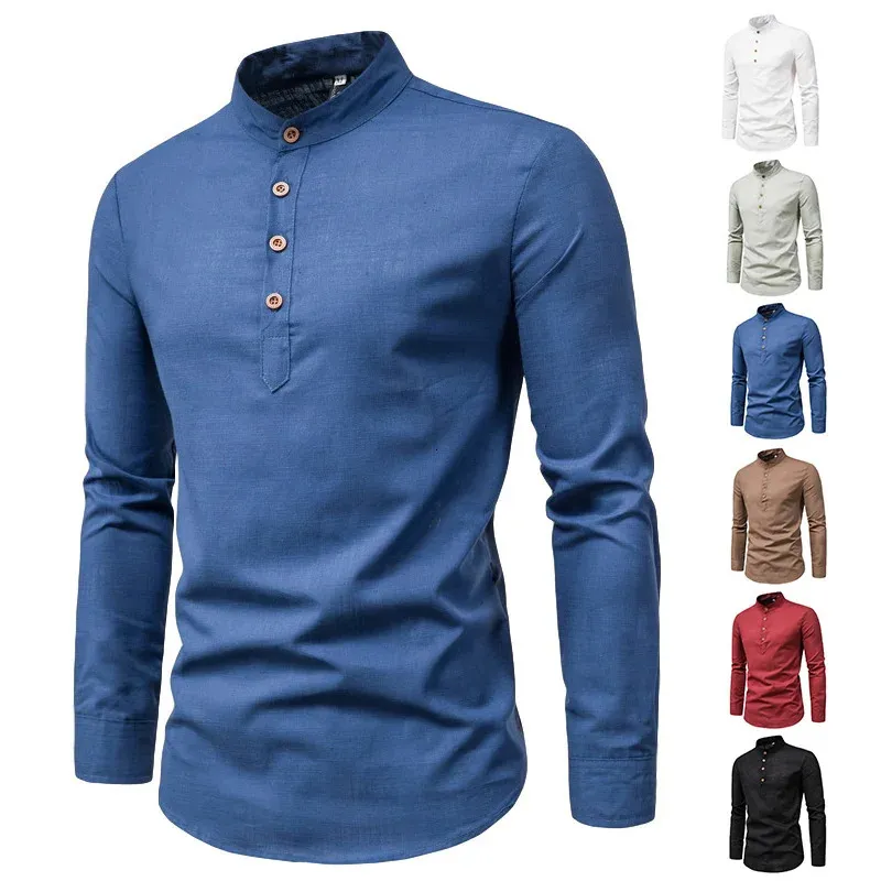Camicia da uomo formale elegante a maniche lunghe in cotone e lino camicette camicette da lavoro sociale maschile normale abito top abbigliamento 240219