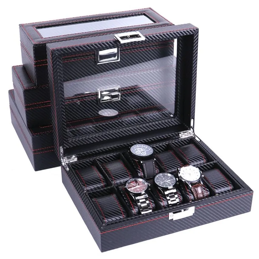 High Carbon Fiber 5 6 10 12 Grid Watch Box Watch Display Storage Box Bracelet Display Slots Case holder Storage Container236V