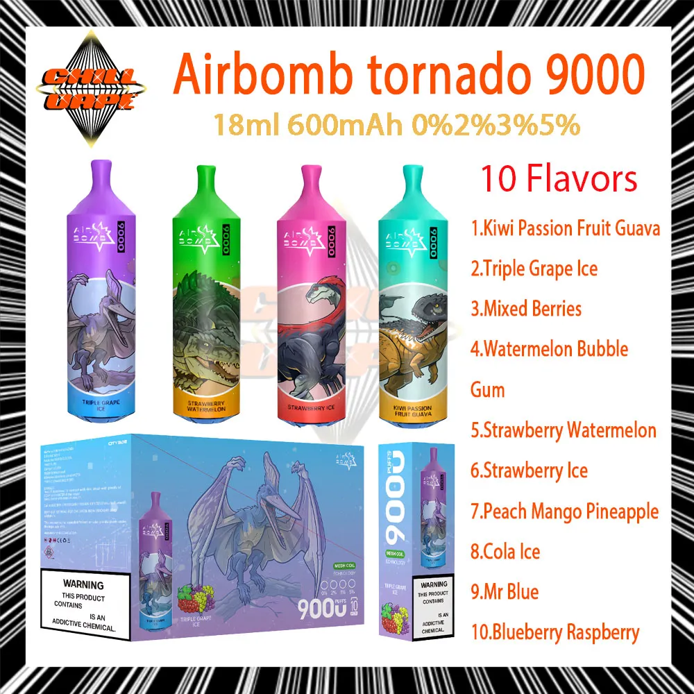 100% d'origine Airbomb Tornado 9000 Puff jetables E cigarettes 1.0ohm Mesh Coil 18ml Pod batterie rechargeable électronique Cigs Puff 9K 600 mAh 0% 2% 3% 5% Vape jetable