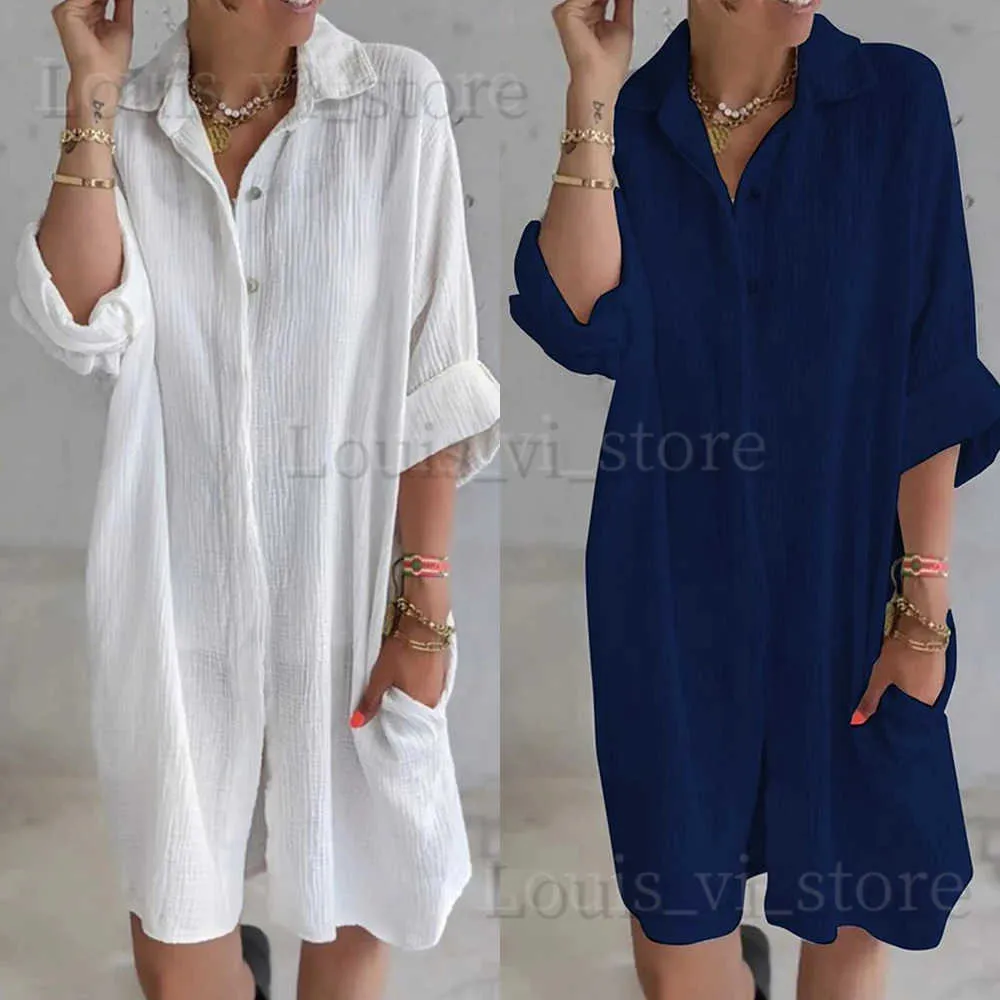 Basic Casual Dresses Plus Size Cotton Linen Shirt Dress for Women 2023 Large Size Short Mini Skirt Casual Autumn And Winter Female Clothing Vestido T240227