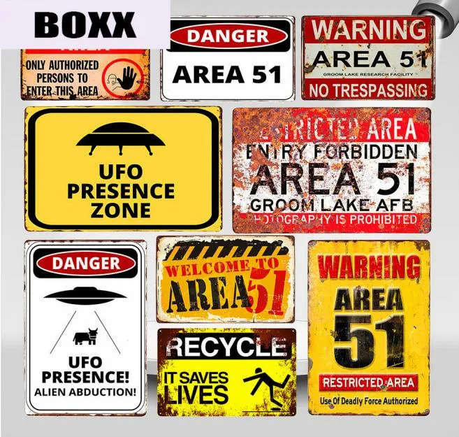Warning Area 51 Vintage Metal Tin Sign UFO Activity Area Caution Danger Wall Plaque Retro Art Painting Stickers Home Decor3473344