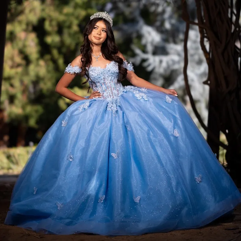 Sky Mavi Vestidos de 15 Anos Lüks Quinceanera Elbise 2024 Aplike Bow Tull Prenses Balo Kıyafetleri Tatlı 15 16 Elbise