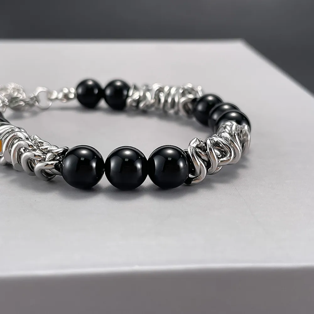 Chaîne à maillons en acier inoxydable avec boule d'agate noire, Bracelet perlé, bijoux Hip Hop simples pour femmes et hommes, 8.66 pouces, n1494