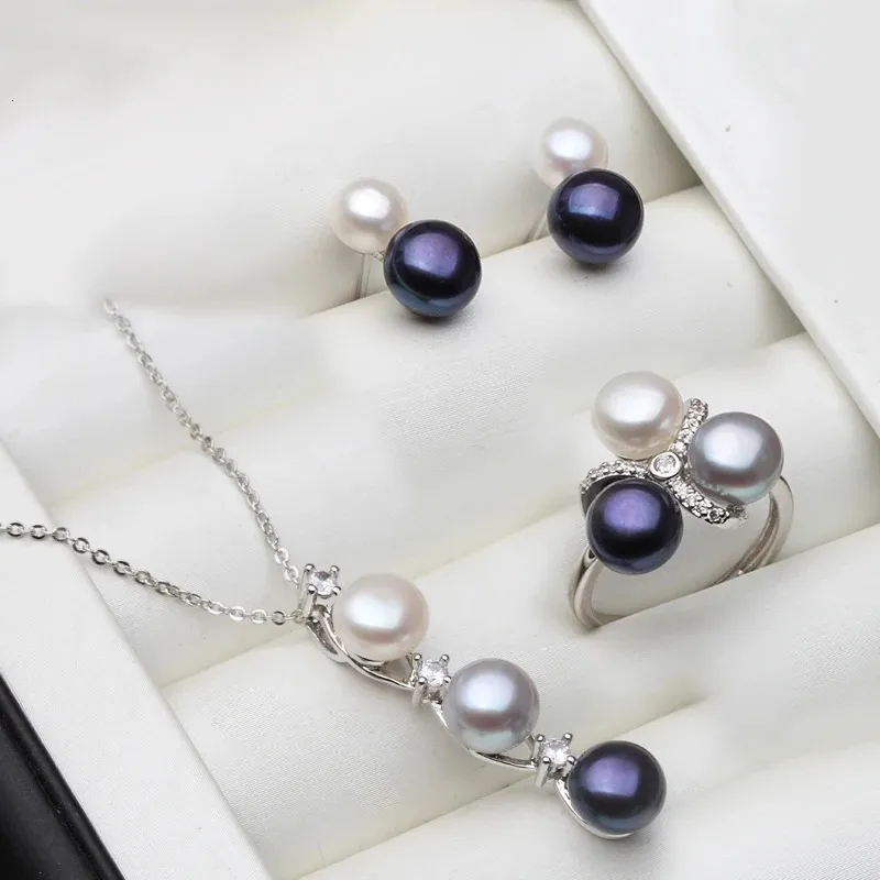 Trendy 925 Silver Natural Freshwater Pearl Necklace And Earrings Set With Ring White Black 240220