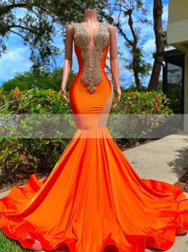 Orange Red Mermaid Long Prom Dresses for Black Girls Beaded Crystals Rhinestone Deep V Neck Evening Dress Formal Open Back Sleeveless Party Gowns BC15130 0227