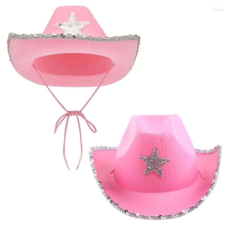 Berretti Cappello da cowgirl rosa per cowboy adulto con finiture in paillettes e stringhe regolabili