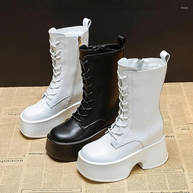 Bottes 11cm en cuir véritable plate-forme compensée genou romain haut mi-mollet haut pour femme automne hiver peluche chaud femmes chaussures