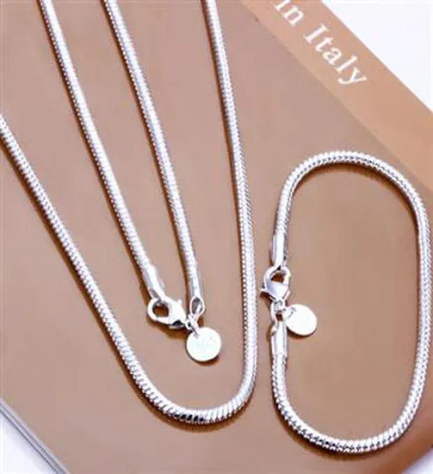 Moda argento sterling 925 set catena solida 3 mm uomo donna braccialetto collana 16 "-24 pollici collegamento gioielli Italia 2018 vendita calda nuovo S0762094220