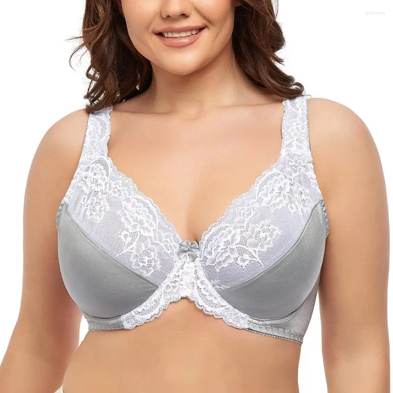 Reggiseni Plus Size Reggiseno Donna Grigio Sexy Pizzo Ultra-sottile Minimizer Con ferretto Bralette Lingerie C D DD E F G H I Coppa