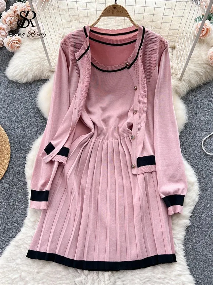 Arbetsklänningar Singreiny Korean Style Chic Suits Hollow Out Thin Loose Cardigan Tank O Neck A Line Pleated Dress Autumn Sweet Gentle Knit Set