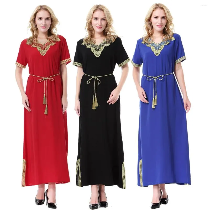 Abbigliamento etnico Donna Eid Abiti musulmani Marocco Ramadan Scollo a V Manica corta Dubai Cintura caftano Applicazioni arabe Abiti Splendido abito da festa