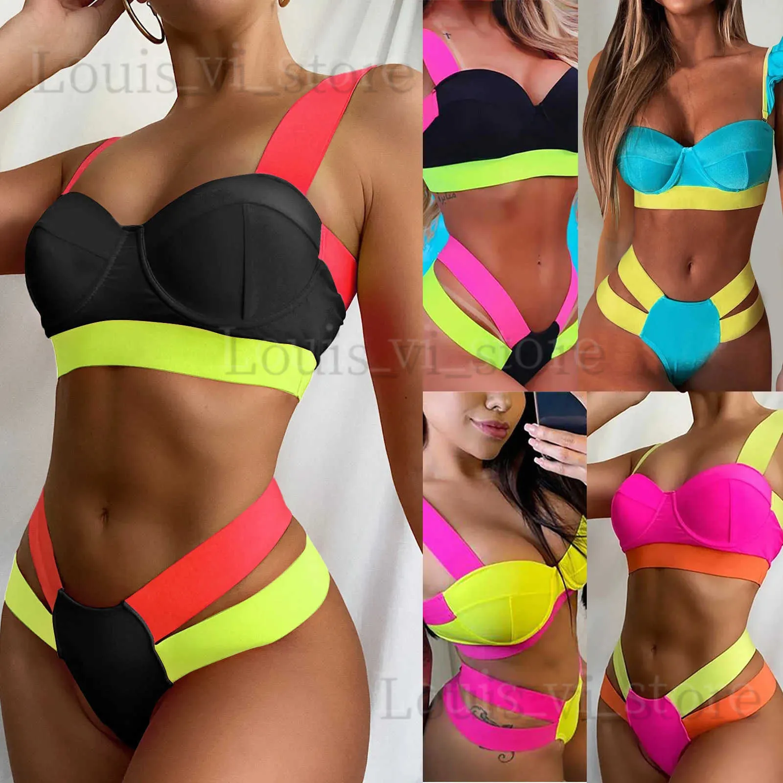 Kvinnors badkläder 2022 Summer Women Neon Color Push Up Bikini Set Bandage Patchwork Swimwear Två stycken Skuret ut simning Suits Female Beachwear XL T240227