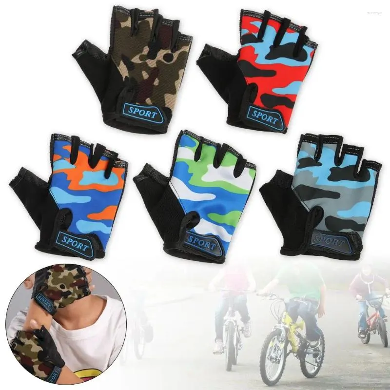 Gants de vélo pour enfants, accessoires pour cheveux, équipement d'équitation antidérapant, haute élasticité, Camouflage, mitaines demi-doigt, vélo pour enfants