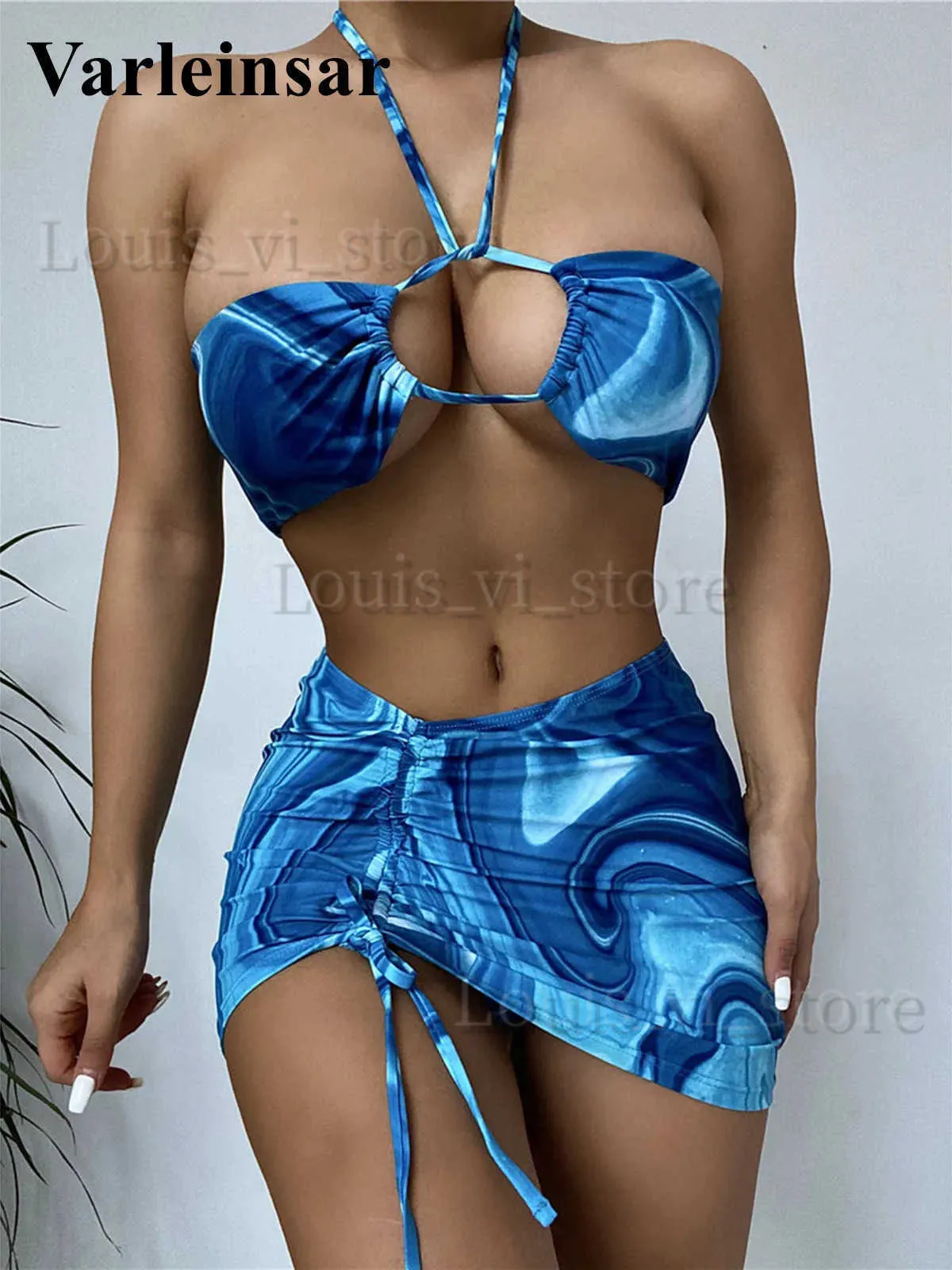 Swimwear féminin 3pcs Tie Dye Halter avec jupe Bikini Bikini Femme MAINMENNEMENT FEMMES SUPPLÉMENTS FEMMES TROIS BIKINI SET BATHER BATHING SWING V3038 T240227