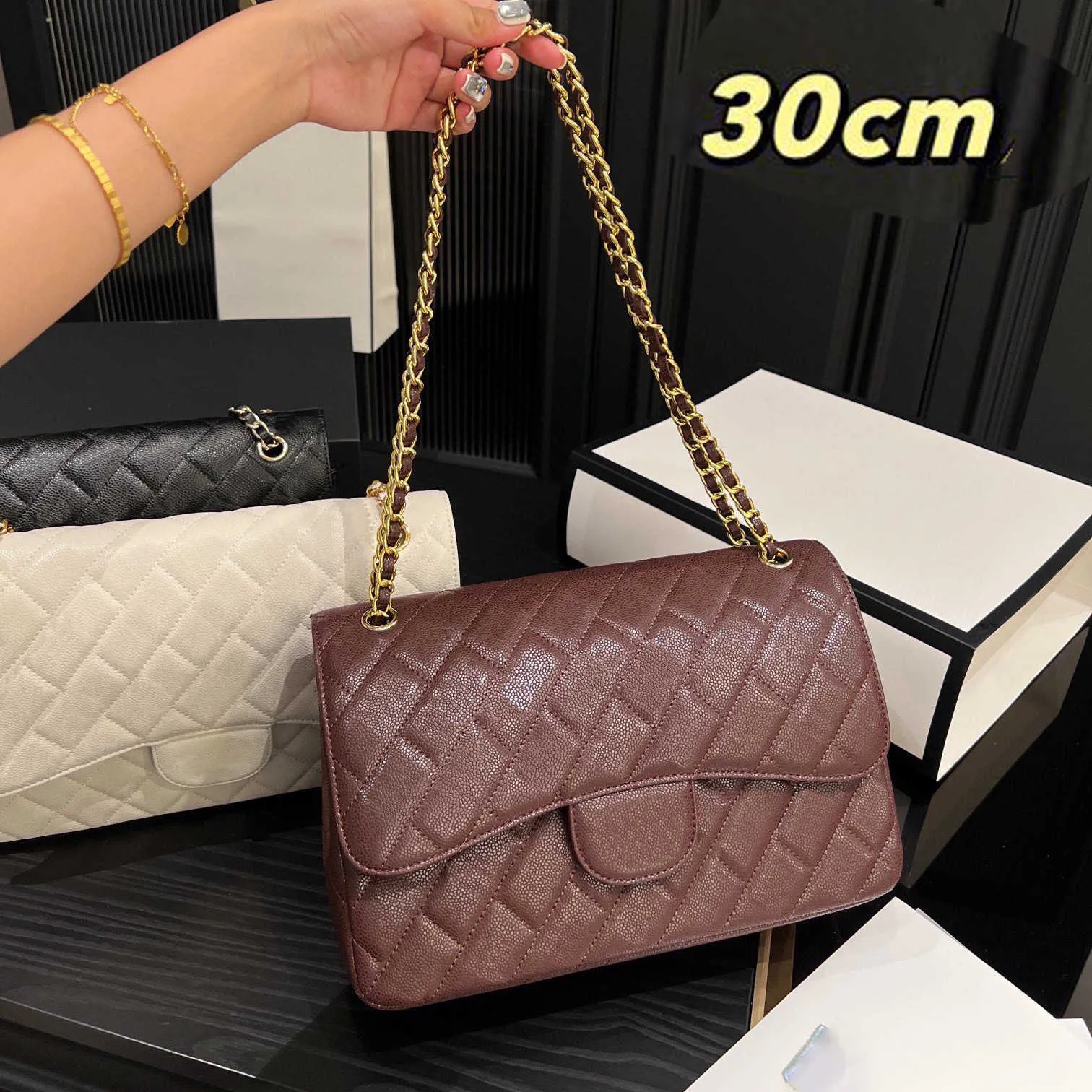 10A Sac de créateur Qualité miroir Jum-bo-bags Sac à double rabat Luxe 30cm Cuir véritable Caviar Lambskin Classic Purse Sac à main matelassé 240215