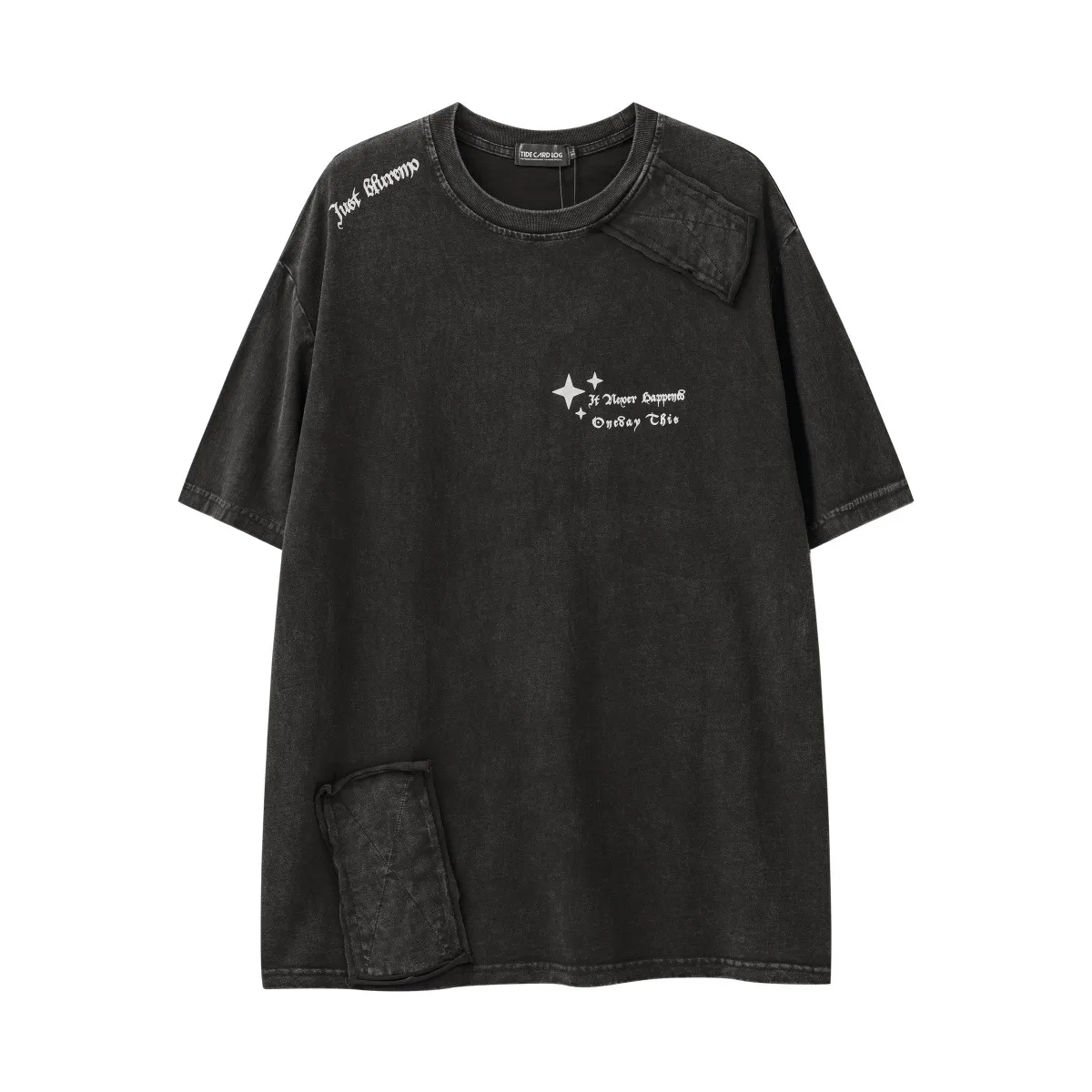 T-shirt à manches courtes, ample et confortable, avec Patch délavé et vieilli, personnalité de rue américaine, marque tendance imprimée