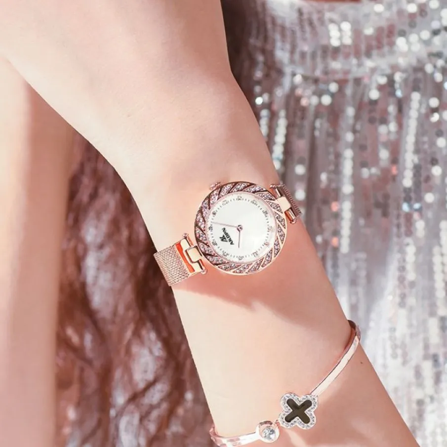 Orologio da donna al quarzo luminoso con dea del diamante Cintura in maglia di acciaio inossidabile Orologi da polso da donna resistenti all'usura Natura Bellezza Semplice Tw245D