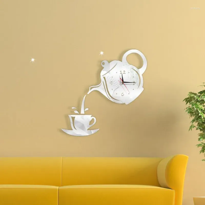Horloges murales acrylique bricolage horloge créative salon silencieux miroir théière autocollant 3D décoratif